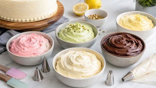 Assorted bowls of colorful buttercream frostings with piping bag, tips, spatulas and a frosted cake for cake decorating