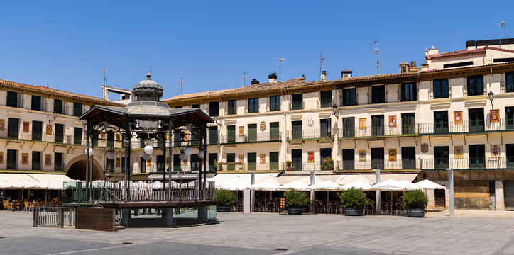 Plaza de los Fueros with Music Pavilion and Town Hall in Tudela, Navarra Spain, Neoclassical Architecture, summer outdoor cafe, public recreation area, municipality center