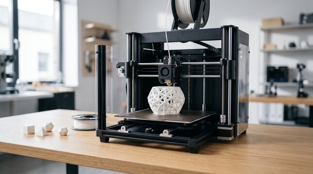 Modern 3D printer creating a complex geometric object in a bright workshop environment with filament spool and small prototypes