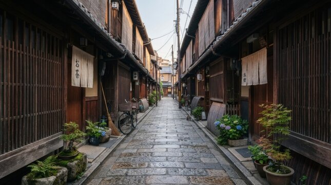 早朝の石畳が続く路地裏、伝統的な木造建築が並ぶ日本の風景