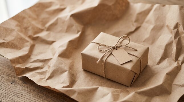 A simple brown paper wrapped gift box tied with twine and a blank tag sits on crumpled paper