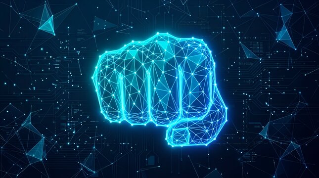 Digital Fist Concept Featuring Glowing Network Mesh and Geometric Nodes on a Dark Data Background