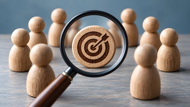 Magnifying glass focusing on a wooden target symbol among peg figures depicting recruitment strategy identifying target audience and searching for the right business objective