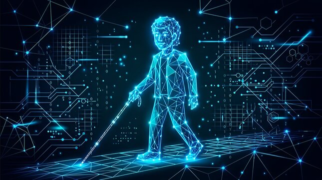 Digital wireframe illustration of a visually impaired person using a white cane in a futuristic network