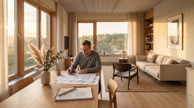 Architect designing structural house blueprints at modern living room table during daylight hou
