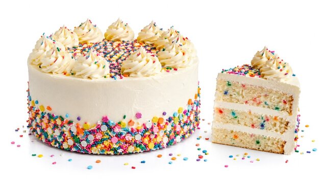 Round vanilla funfetti layer cake with white buttercream, colorful confetti sprinkles, decorative swirls and a sliced piece on a white background