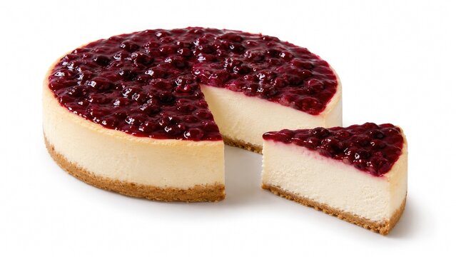 Classic New York-style cheesecake with glossy mixed berry topping and a single sliced piece