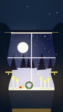 Snowy Night Through the Window Christmas Background with Garland
