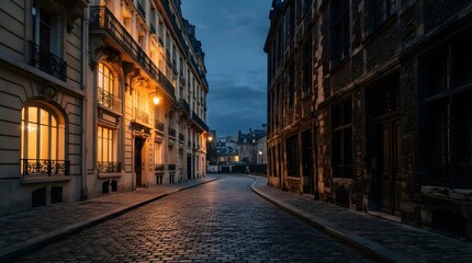 Fototapeta premium Empty cobblestone street in a European city at dusk with warm street lighting.