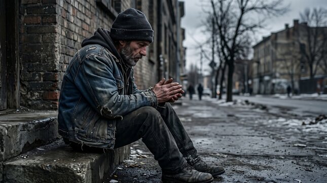 Homeless Man Sitting on Urban Sidewalk in Cold Winter Conditions Wearing Worn Jeans Dirty and Distressed Denim Jacket Representing Poverty and Social Struggle
