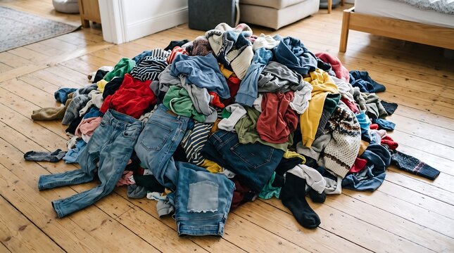 Large Pile of Unsorted Laundry with Blue Jeans and Colorful Clothing Scattered on Hardwood Floor in Bedroom for Household Chores and Home Organization Concept