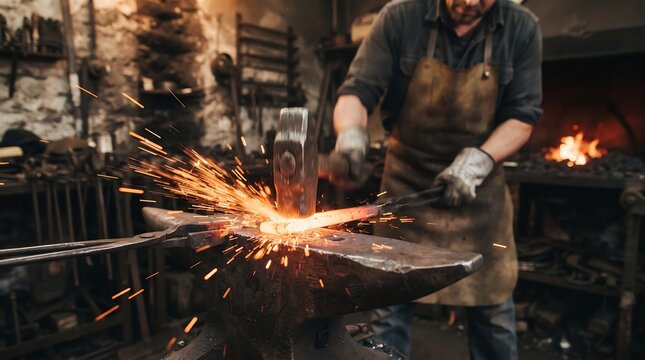 Blacksmith Forging Hot Glowing Metal with Heavy Hammer on Anvil in Industrial Metalwork Workshop with Bright Flying Sparks and Authentic Craftsmanship Metal Art