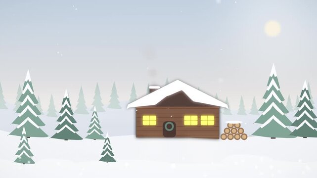 Christmas Cabin in Snowy Woods Background with Chimney Smoke