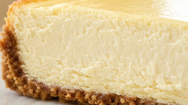Close-up of a creamy baked cheesecake slice with golden top and graham cracker crust