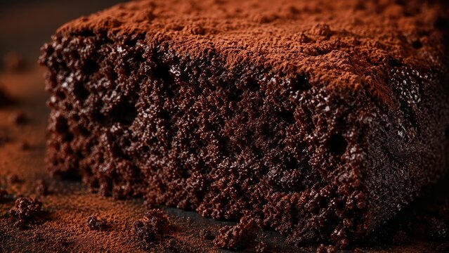 Close-up of a moist, fudgy chocolate brownie dusted with cocoa powder, showcasing rich, airy crumb texture and deep dark chocolate tones