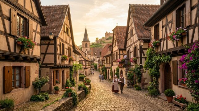Alsace Village Cobblestone Street Scene