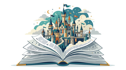 Obraz premium Whimsical Vector Illustration of a Magical Fantasy Castle Emerging from an Open Storybook with Clouds and Stars
