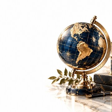 ネイビーとゴールドの高級地球儀と白い余白