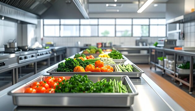 Japanese School Lunch Kitchen with Stainless Steel Equipment and Cooking Pots