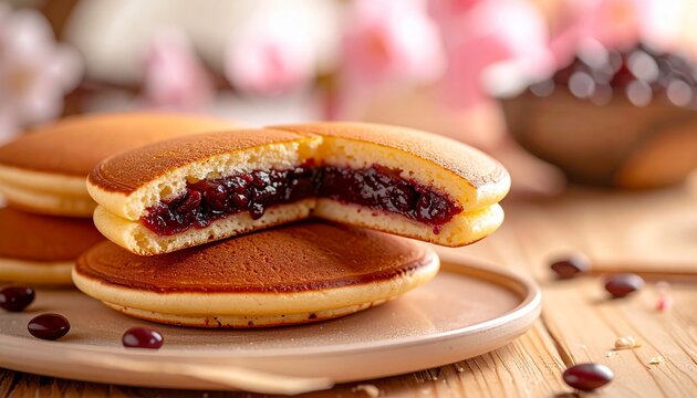 Stack of Japanese Dorayaki Red Bean Pancakes on Plate with Green Tea