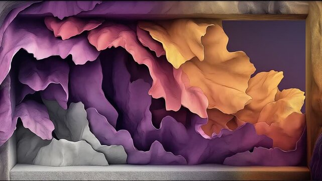 Abstract 3D paper cut relief featuring wavy organic fabric folds in purple, pink, and ochre gold within a sleek rectangular frame