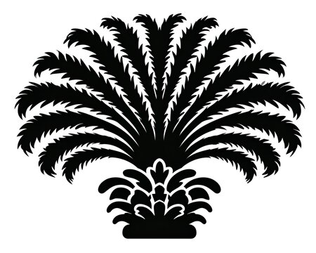 Black silhouette of a stylized palm tree with a decorative base and fanned out leaves