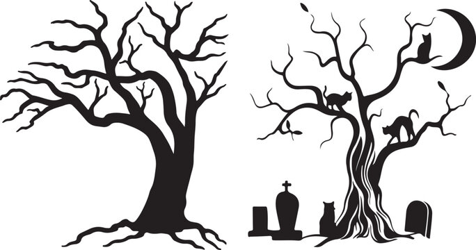 Dark silhouettes of bare gnarled haunted trees with cats and gravestones in a night scene design