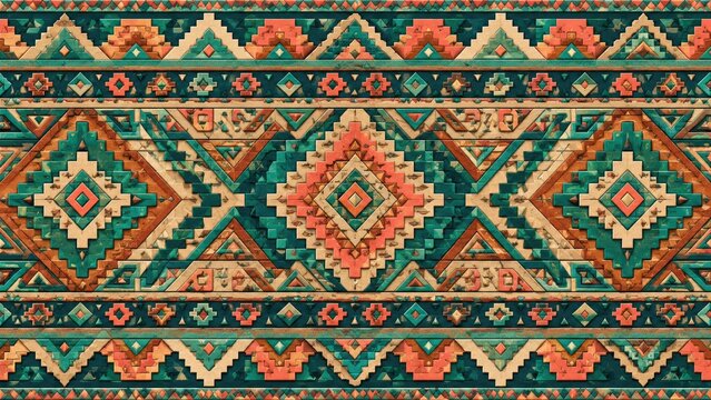 Colorful geometric Aztec-inspired tribal textile pattern with repeating diamond motifs in warm teal, coral, orange and beige tones