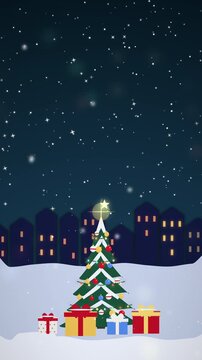 Decorated Christmas Tree in Snowy Square at Night