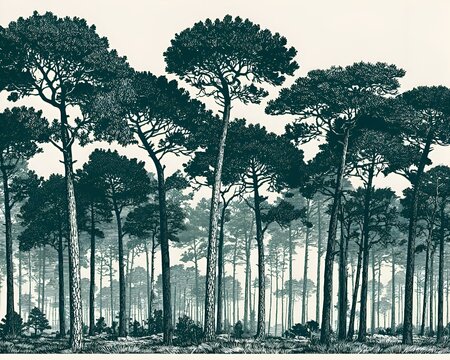 Silhouette of a dense pine forest with detailed trees and undergrowth