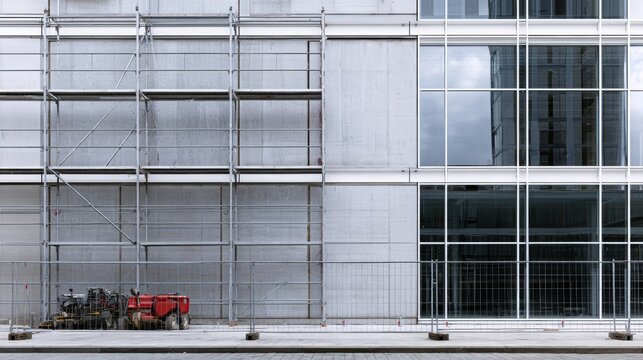 Urban construction site showing an unfinished fa&ccedil;ade with scaffolding on one side and reflective glass panels on the other, highlighting contrast between raw and finished architecture