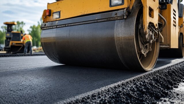 Close-up asphalt road roller compacting fresh blacktop pavement during active road construction with workers and paving equipment visible