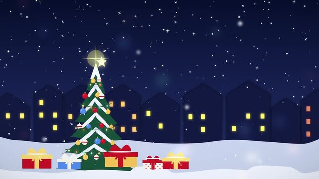 Christmas Tree in Town Square Background with Snowfall