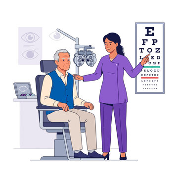 Optometrist examining elderly patient's vision with eye chart and phoropter in clinic