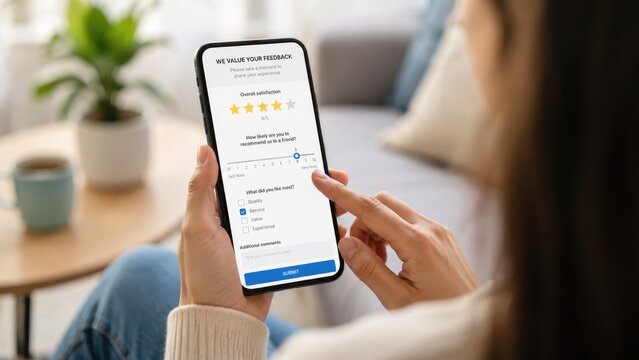 Person holding smartphone completing an online feedback survey with star ratings, slider, checkboxes and a submit button in a cozy living room