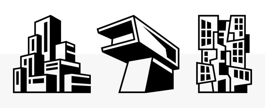 Abstract architectural illustrations of modern buildings in a minimalist black and white style