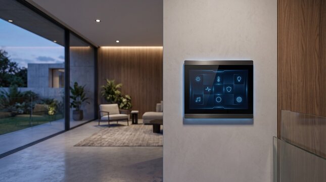 Modern smart home control panel with glowing blue icons on a wall in a contemporary living room