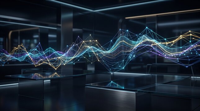 Abstract digital data visualization with glowing lines and nodes in a futuristic dark room