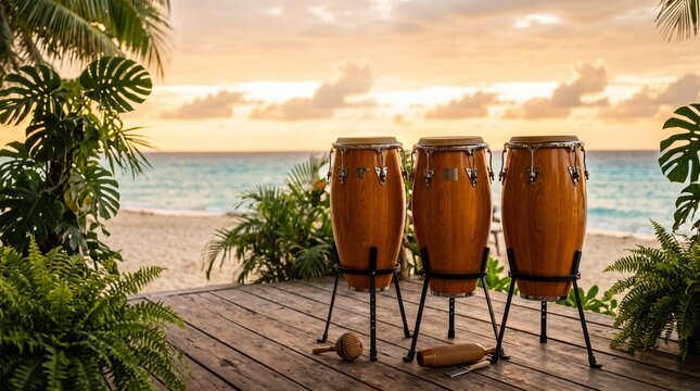 Conga drums and percussion instruments on a wooden deck overlooking a tropical beach at sunset