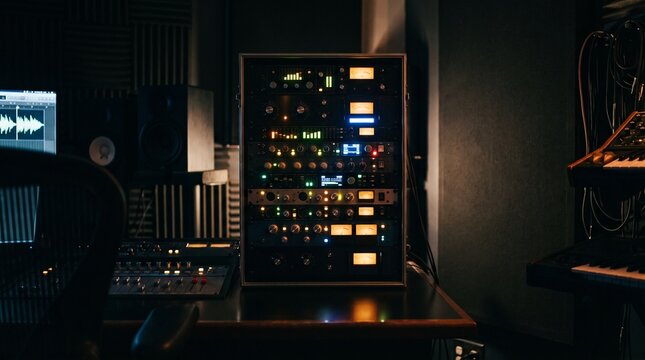 Professional audio recording studio equipment rack with glowing lights and sound mixing console