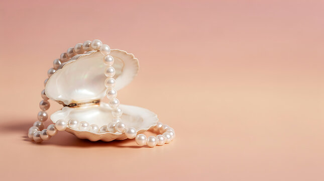A string of white pearls rests gracefully inside an open seashell on a pink background.