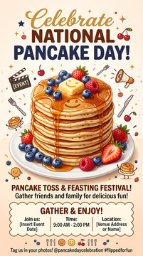 Pancake Day Festival Celebration Poster Illustration Featuring Tall Stack with Berries Syrup and Butter Graphic Design Assets
