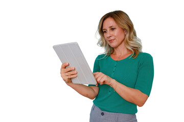 Woman using digital tablet for remote work and online communication, accessing internet with portable device, transparent background © Komora