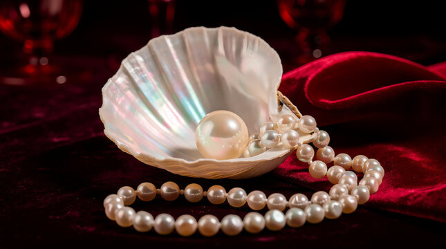 A lustrous white pearl rests inside an open seashell with a necklace.