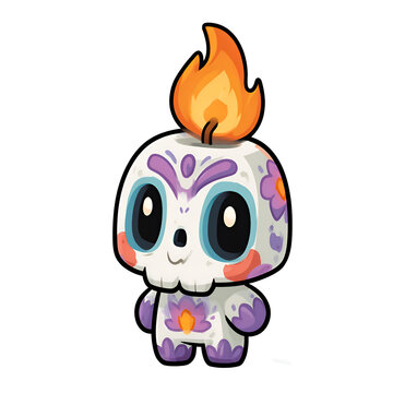 Cute cartoon sugar skull candle character with flame on black background
