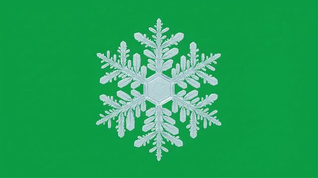 Minimalist glowing crystal snowflake growing green screen motion graphic, ai generated
