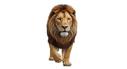 Regal male lion with majestic mane walking confidently forward, isolated on a clean white background, showcasing its powerful presence and natural strength © Graphics River
