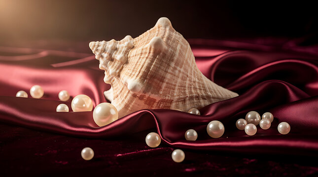 A conch shell rests on a dark red satin cloth surrounded by pearls.