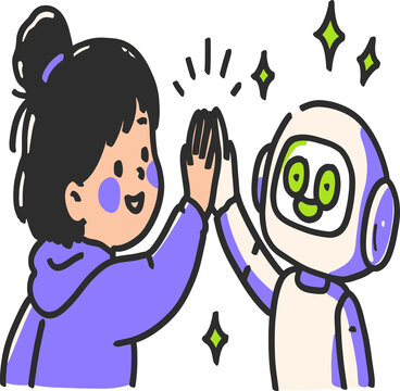 Cute Vector Character Set of Girl High Five with AI Robot, Relatable Artificial Intelligence Collaboration and Teamwork Concept