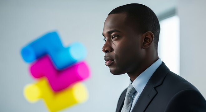 Focused Black professional entrepreneur listening to a strategic lecture on business transformation and digital growth in a modern office, motivation, knowledge, optimization